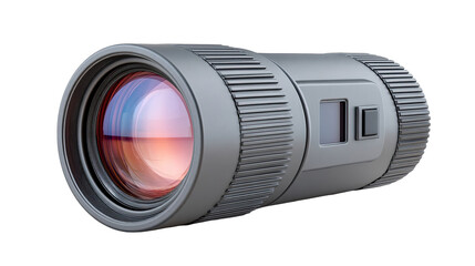 Monocular night vision device with reflective lens and metallic gray casing isolated on black background detailed texture