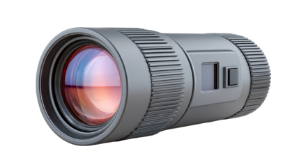 Monocular night vision device with reflective lens and metallic gray casing isolated on black background detailed texture