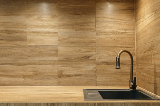 Kitchen sink and faucet with wood-look tile backsplash.