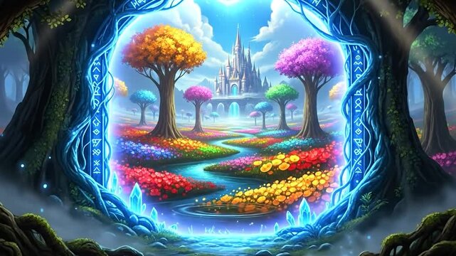 Magical forest portal opens to vibrant parallel world with blooming flowers