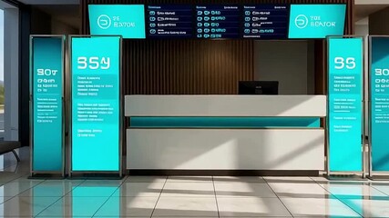 Exhibition lobby with ticket counter, modern signage, and bright lighting