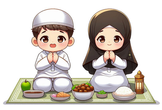 couple moslem praying before iftar