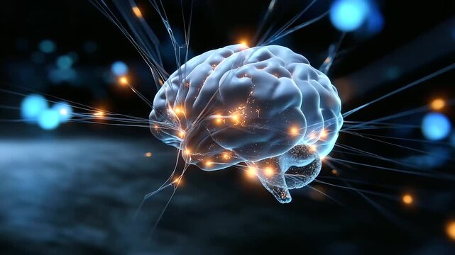 Digital brain anatomy visualization &mdash; illuminated neural clusters and signal pathways on dark background, medical software interface, with copy space.