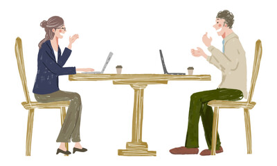 カジュアルなスタイルでミーティングする男女