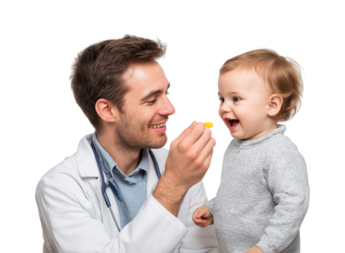 Happy Baby Patient Receiving Medicine from Friendly Pediatrician isolated on a transparent background
