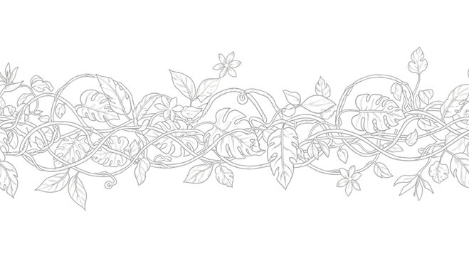 Delicate line art botanical illustration with lush foliage and winding vines