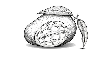 Detailed pen and ink drawing of a ripe mango with carved cubes and leaves