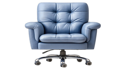 Plush Blue Armchair with Tufted Back and Silver Base with Wheels Isolated on Black Background