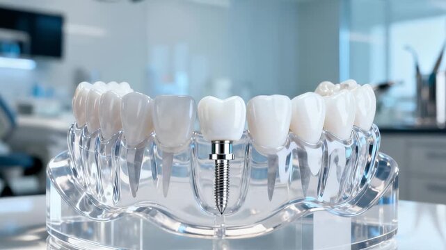 Row of realistic dental implant, artificial tooth displayed in dental clinic. Dentistry, implant technology, and oral health. Dental care, prosthetics, cosmetic dentistry, and medical technology