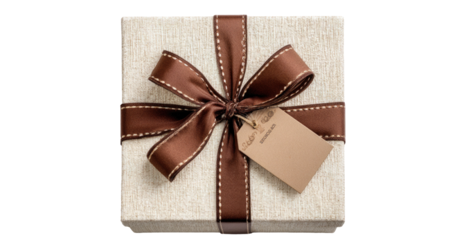 Square beige gift box with brown ribbon and bow, topped with a matching gift tag - Powered by Adobe