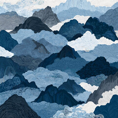 Traditional Korean Landscape Pattern with Layered Misty Mountains in Blue and Gray Tones