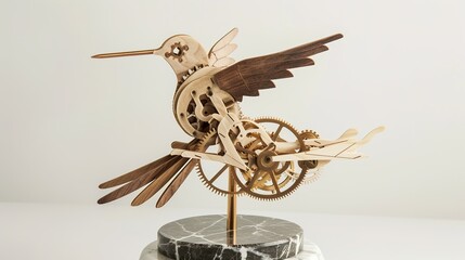 Intricate Wooden Hummingbird Sculpture Adorned with Exposed Clockwork Gears, Resting on a Sleek Marble Base—Blending Rustic Craftsmanship with Steampunk Style for Decor or Art Visuals.