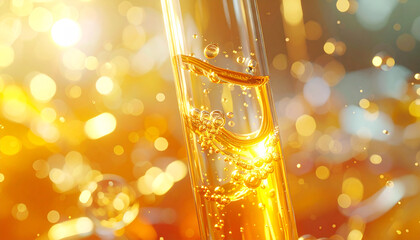 The Golden Essence: A close-up shot of a scientific test tube, filled with a radiant, golden liquid, as it's being observed within a luminous and vibrant laboratory.