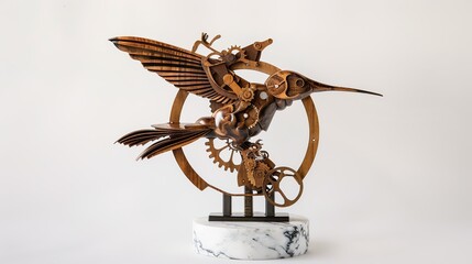 Intricate Wooden Hummingbird Sculpture Adorned with Exposed Clockwork Gears, Resting on a Sleek Marble Base—Blending Rustic Craftsmanship with Steampunk Style for Decor or Art Visuals.