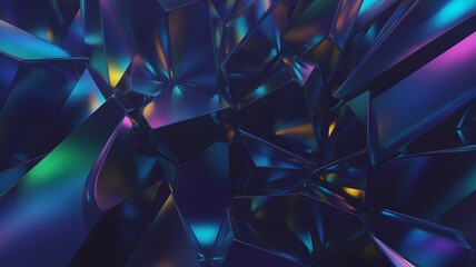 Abstract geometric fractal pattern with vibrant iridescent light reflections and bokeh effects in deep blue and purple tones