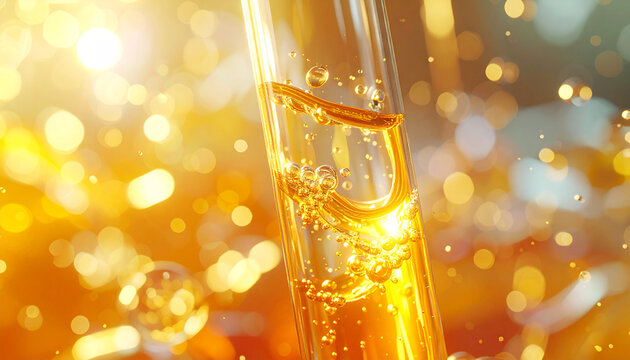 The Golden Essence: A close-up shot of a scientific test tube, filled with a radiant, golden liquid, as it's being observed within a luminous and vibrant laboratory.
