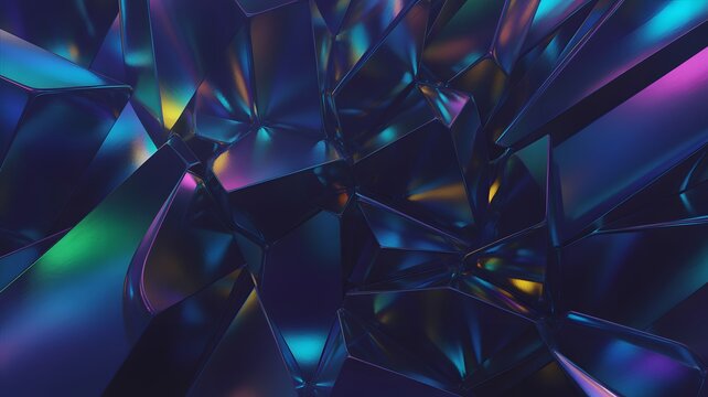 Abstract geometric fractal pattern with vibrant iridescent light reflections and bokeh effects in deep blue and purple tones