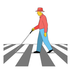 blind man walking across a crosswalk with a cane, accessibility and disability awareness vector illustration