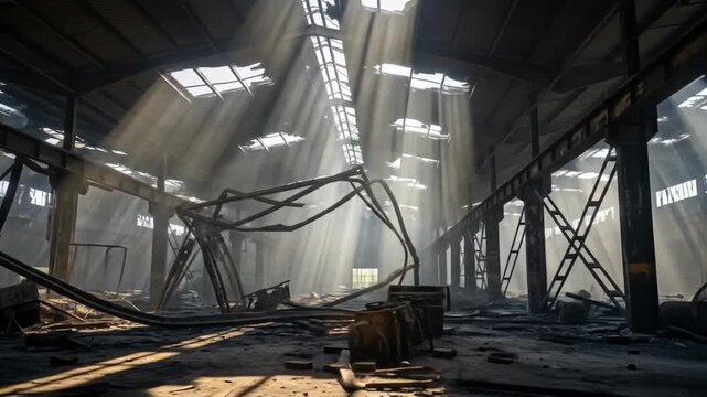 Burnt interior sunlight streams through ruined factory roof
