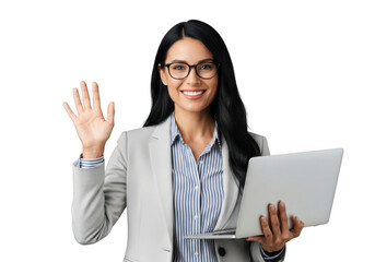 Smiling woman in glasses holding a laptop and waving isolated on transparent background