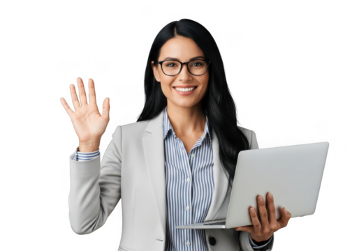 Smiling woman in glasses holding a laptop and waving isolated on transparent background