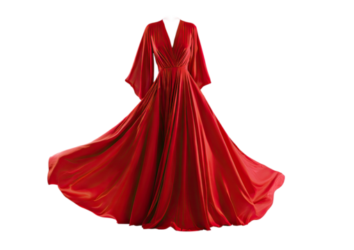 A vibrant, flowing red evening gown with a plunging neckline and flared sleeves, isolated on black