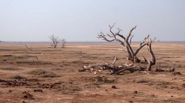Arid landscape with bare trees and dry earth under a pale sky on the horizon