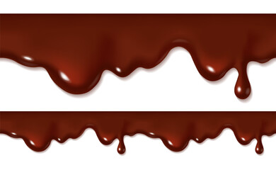 Chocolate drip melting down. Vector realistic liquid cocoa drop. Candy border design