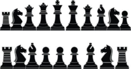 Chess piece silhouette set, black vector icons in stylized and classic designs, isolated clipart for strategy, board game, education, comparison, decor © MD. NUR ISLAM