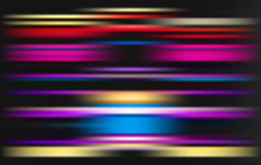 Vibrant abstract light painting featuring blurred horizontal lines on a dark background, creating a sense of motion