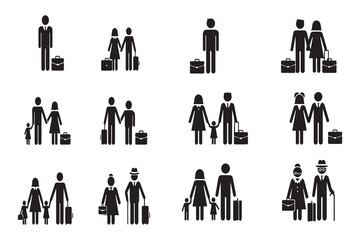 family travel and tourist icon set vector, people with luggage pictogram collection for airport or vacation.