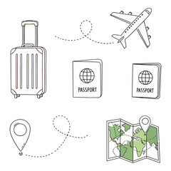 travel and tourism hand-drawn doodle icons vector set: luggage, airplane, passport, map, and location pin.