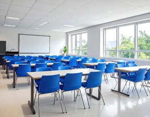 Bright Modern Classroom Interior with Blue Chairs and Tables