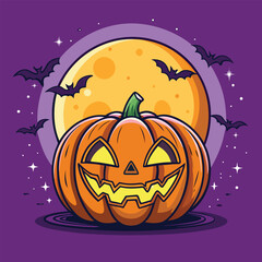 Smiling Halloween Pumpkin with Full Moon and Flying Bats Illustration