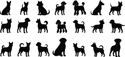 Dog breed silhouette vector illustration, black and white pet clipart, standing poses, varied shapes and sizes, outlined style, graphic, clean, educational