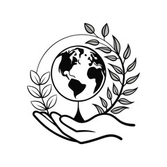 Obraz premium Open hand holding planet earth in a black outline vector design