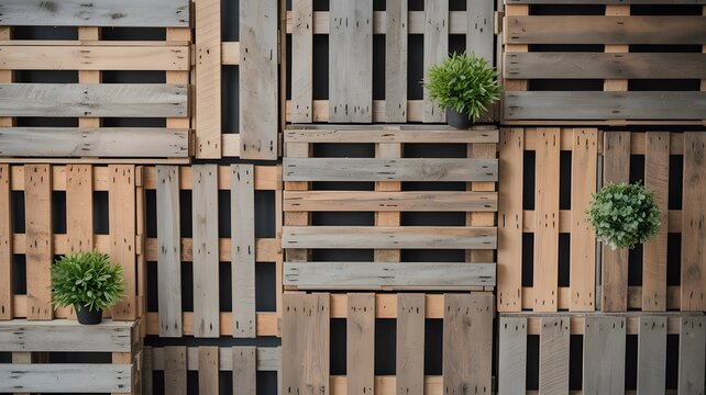 Rustic wooden pallet wall with small green plants adding a touch of nature and organic texture