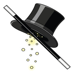 magic show concept vector illustration featuring a black top hat, a magician's wand, and sparkling dust