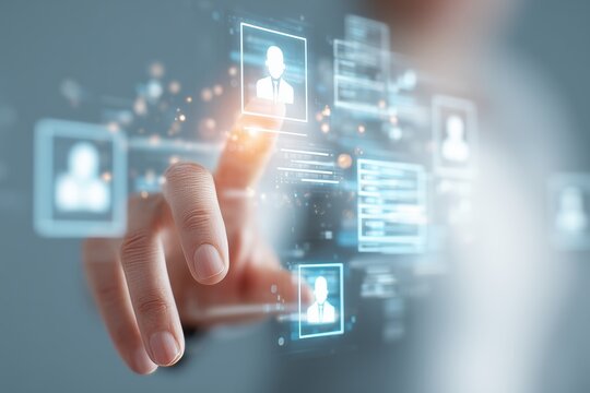 Touching a digital interface displaying user profiles and data connections at a technology-focused workspace in the evening