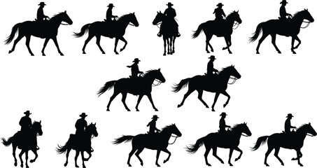 Horse rider silhouette set, black vector icons in motion and posture variations, isolated clipart for cowboy, equestrian, animal, sport, nature, design