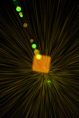Abstract sun burst, digital flare, iridescent glare over black background.