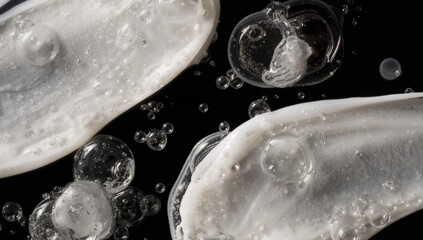 Abstract Composition of Opaque Creams and Clear Bubbles on Dark Surface, Textured Forms.