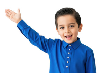 Young boy in blue shirt raising his hand and smiling isolated on transparent background