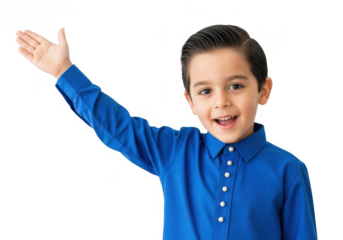 Young boy in blue shirt raising his hand and smiling isolated on transparent background