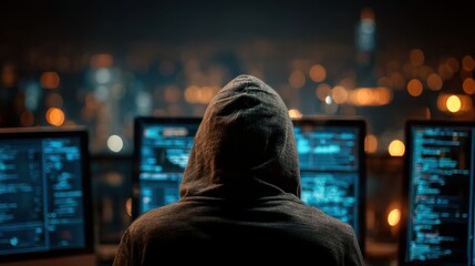 Hooded figure in front of multiple computer screens displaying code at night hacker technology
