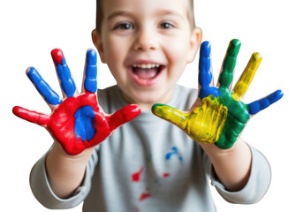 Joyful child showing colorful painted hands isolated on transparent background