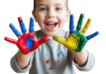 Joyful child showing colorful painted hands isolated on transparent background