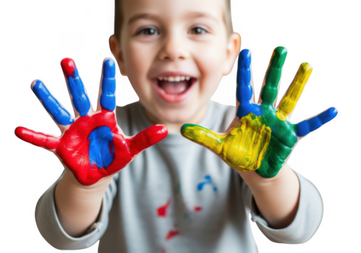 Joyful child showing colorful painted hands isolated on transparent background