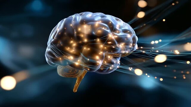 Digital brain anatomy visualization &mdash; illuminated neural clusters and signal pathways on dark background, medical software interface, with copy space.