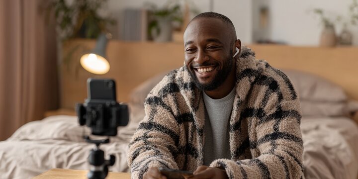 Black man vlogging at home creating social media content